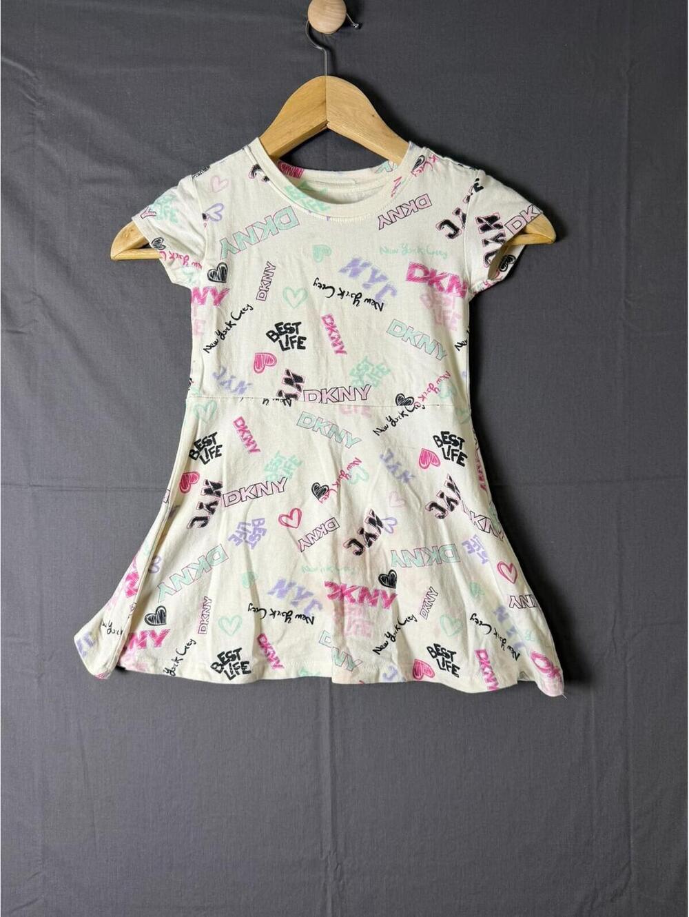DKNY Girls Dress Size 5T Cream Short Sleeve All Over Logo Print Cotton Stretch